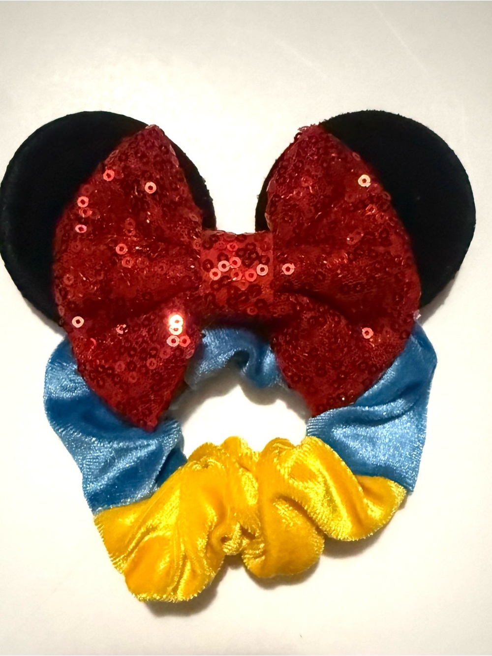 Snow White Black Minnie Ears with Red Sequin Bow and Blue & Yellow Scrunchie